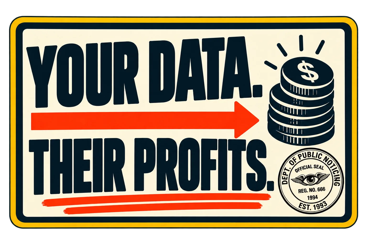 Artwork study of a rectangular yard sign reading Your Data. Their Profits. with an arrow and illustrated coins.